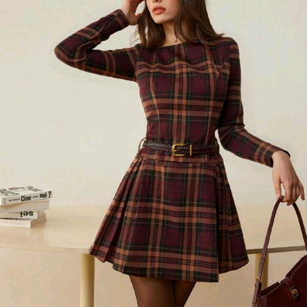 Women's Plaid Casual Elegant Dress, No Belt, Autumn/Winter